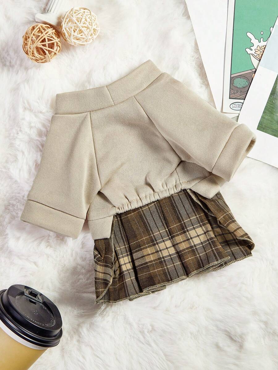 Navy Blue Knit Plaid Dog Dress – 2-in-1 Casual Academy Style Outfit with Letter and Paw Print for Small Dogs and Cats