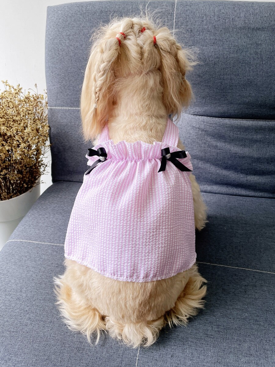 Striped Pet Dress with Bow Decoration – Cute Sleeveless Outfit for Small Dogs and Cats, Lightweight and Stylish for Summer