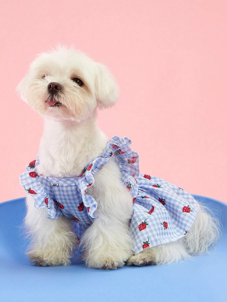 Sweet Country Style Pet Dress for Small Dogs and Cats – Floral Plaid Strawberry Print with Cap Sleeves
