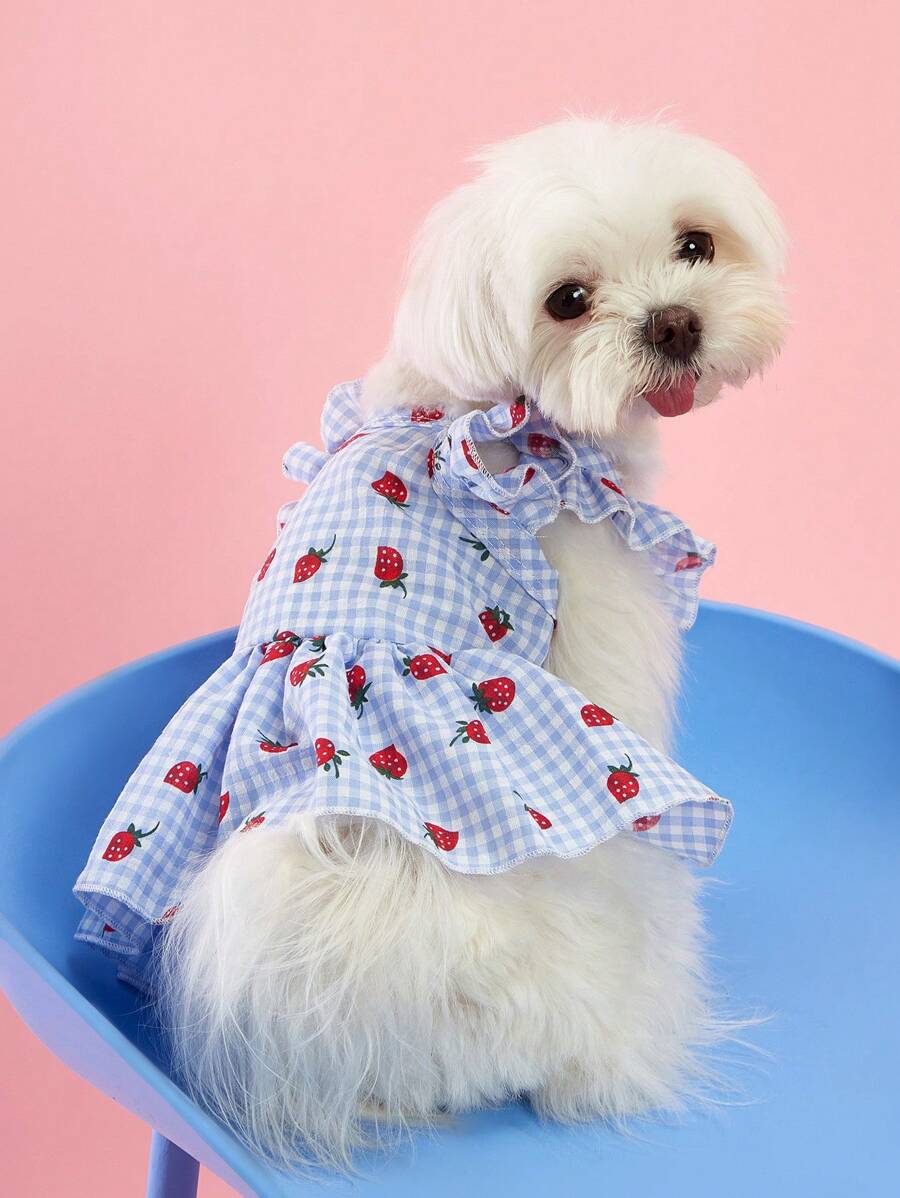 Sweet Country Style Pet Dress for Small Dogs and Cats – Floral Plaid Strawberry Print with Cap Sleeves