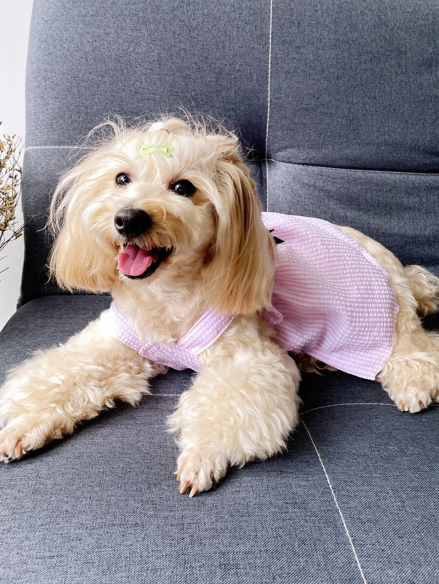 Striped Pet Dress with Bow Decoration – Cute Sleeveless Outfit for Small Dogs and Cats, Lightweight and Stylish for Summer