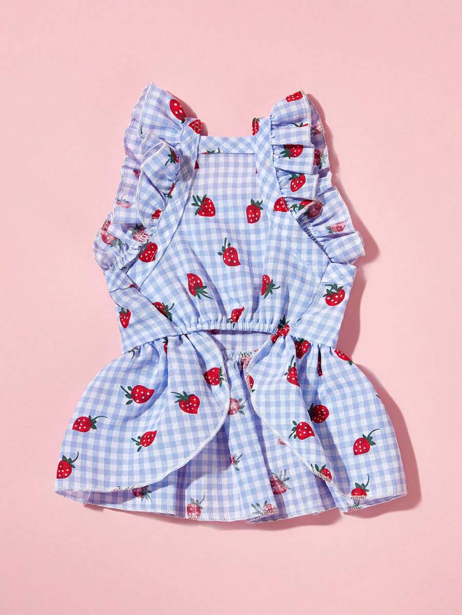 Sweet Country Style Pet Dress for Small Dogs and Cats – Floral Plaid Strawberry Print with Cap Sleeves