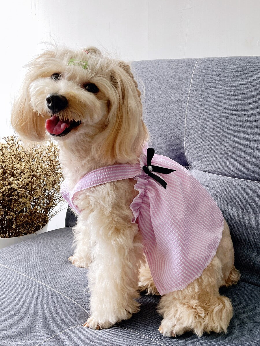 Striped Pet Dress with Bow Decoration – Cute Sleeveless Outfit for Small Dogs and Cats, Lightweight and Stylish for Summer