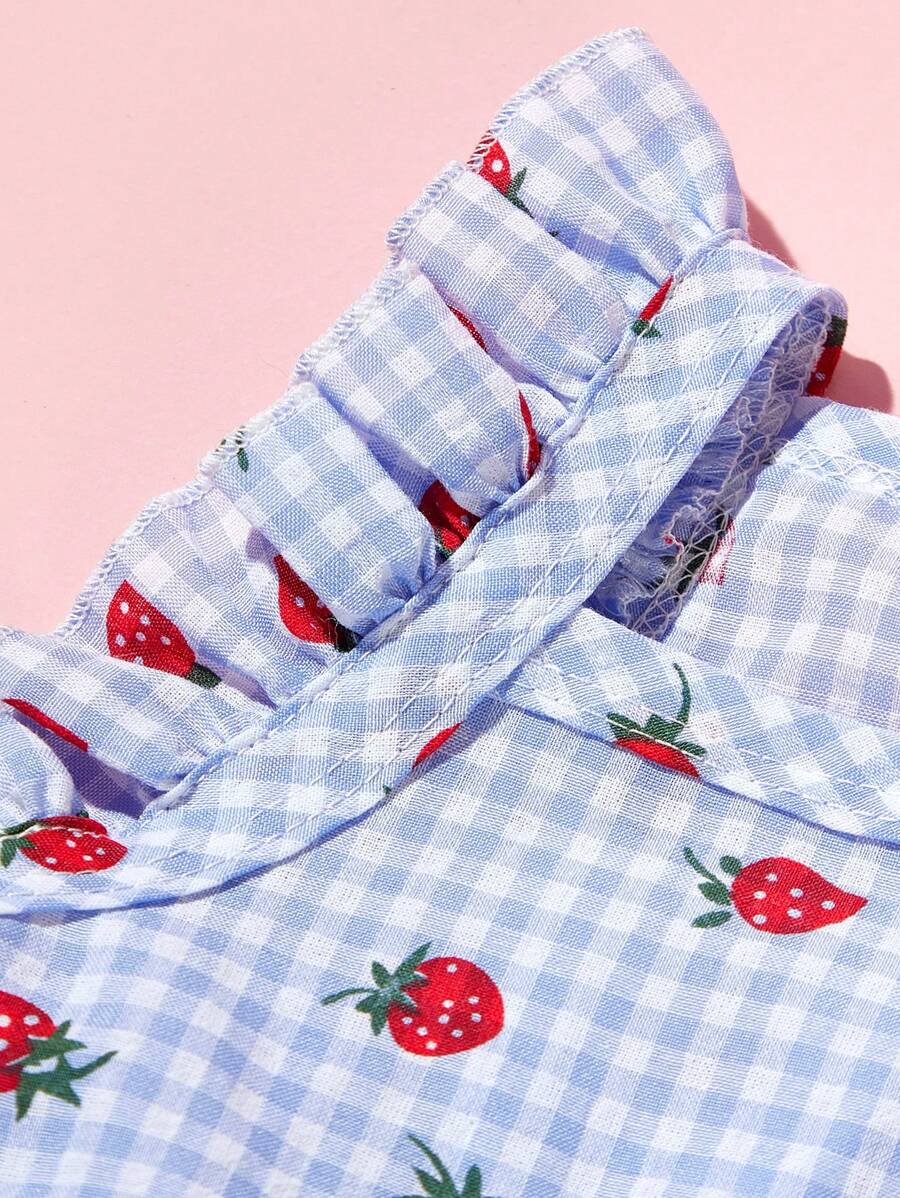 Sweet Country Style Pet Dress for Small Dogs and Cats – Floral Plaid Strawberry Print with Cap Sleeves
