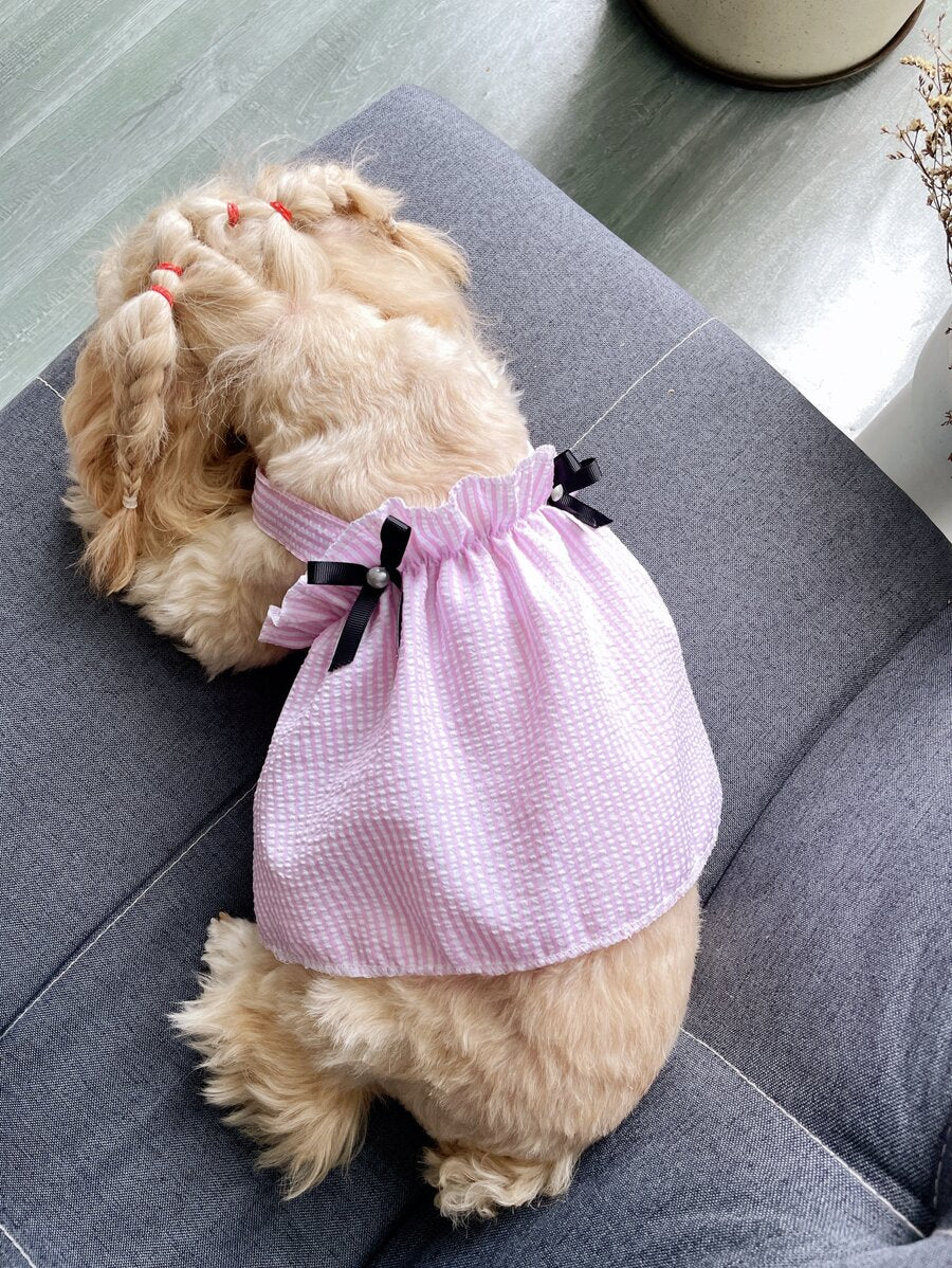 Striped Pet Dress with Bow Decoration – Cute Sleeveless Outfit for Small Dogs and Cats, Lightweight and Stylish for Summer