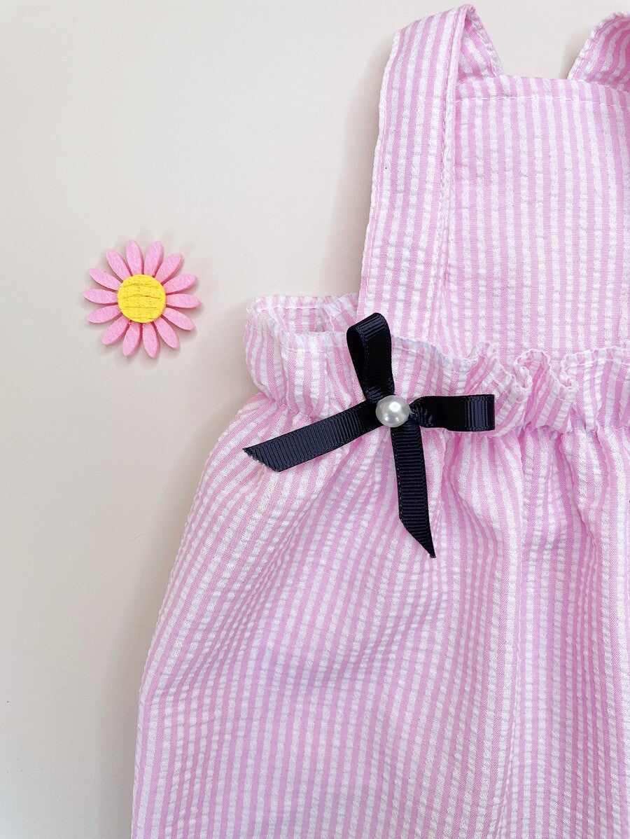 Striped Pet Dress with Bow Decoration – Cute Sleeveless Outfit for Small Dogs and Cats, Lightweight and Stylish for Summer