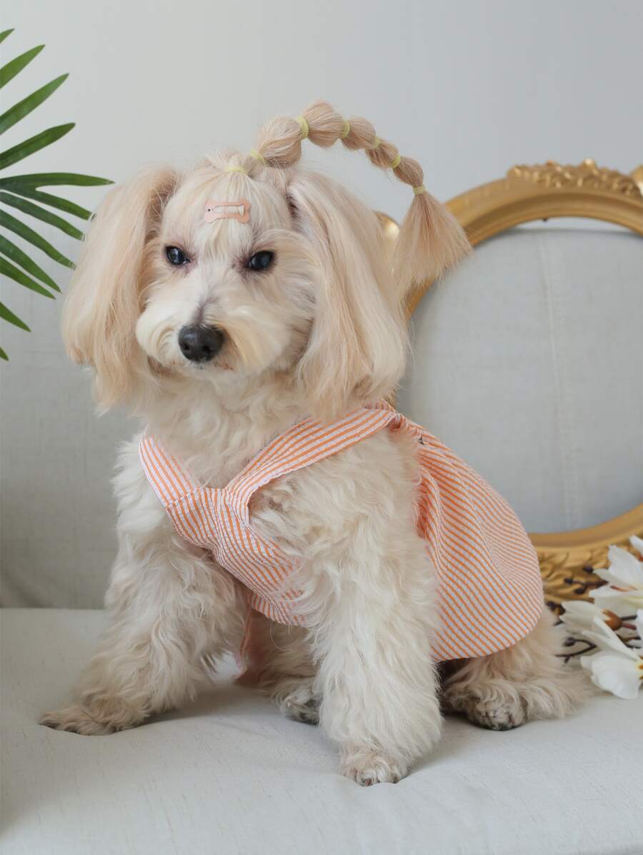 Striped Pet Dress with Bow Decoration – Cute Sleeveless Outfit for Small Dogs and Cats, Lightweight and Stylish for Summer