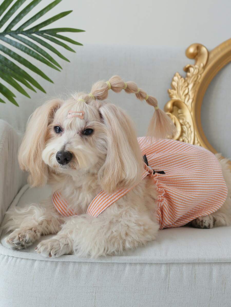 Striped Pet Dress with Bow Decoration – Cute Sleeveless Outfit for Small Dogs and Cats, Lightweight and Stylish for Summer