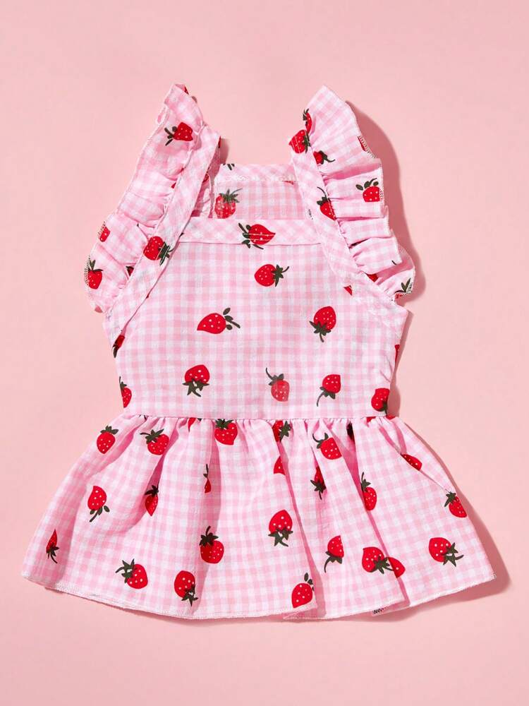 Sweet Country Style Pet Dress for Small Dogs and Cats – Floral Plaid Strawberry Print with Cap Sleeves