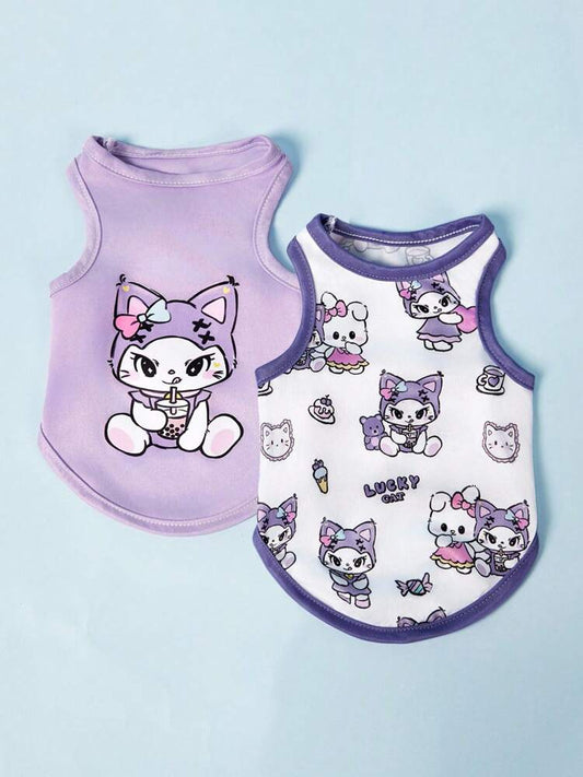 2PC Cute Cartoon Dog Vest Set, Lightweight Breathable Outfits for Small Medium Dogs, Purple