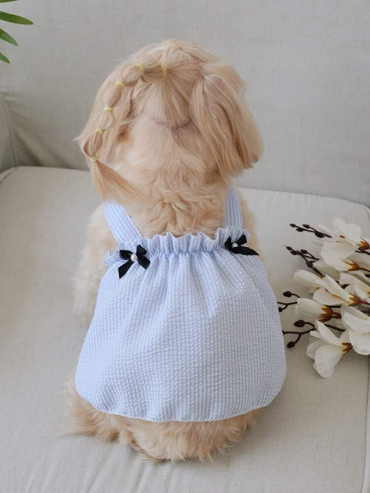 Striped Pet Dress with Bow Decoration – Cute Sleeveless Outfit for Small Dogs and Cats, Lightweight and Stylish for Summer