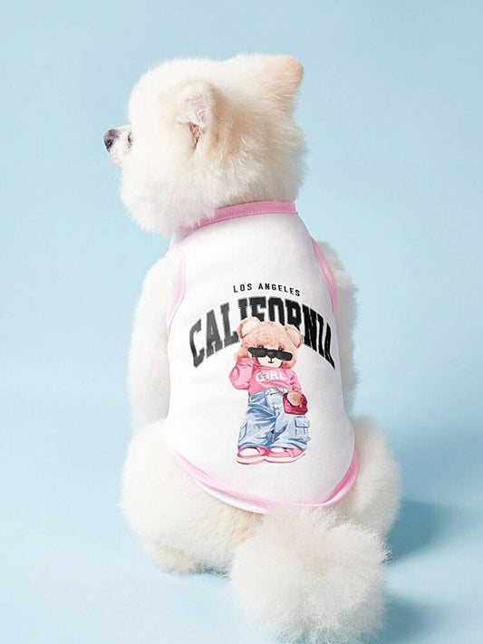 1PC Cartoon Bear Print Pet Tank Top – Cute & Comfy California Style Summer Shirt for Dogs and Cats