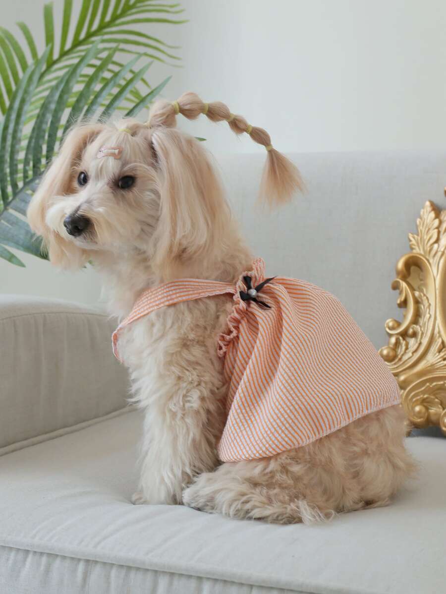Striped Pet Dress with Bow Decoration – Cute Sleeveless Outfit for Small Dogs and Cats, Lightweight and Stylish for Summer