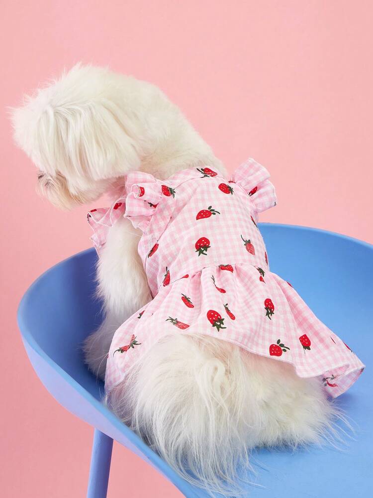 Sweet Country Style Pet Dress for Small Dogs and Cats – Floral Plaid Strawberry Print with Cap Sleeves