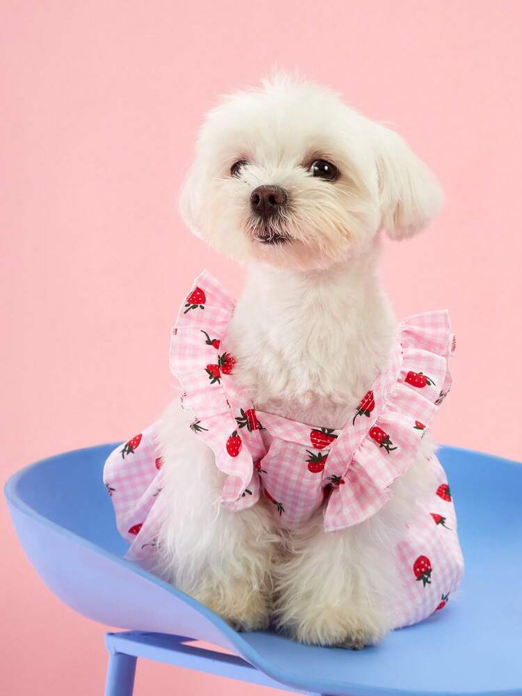 Sweet Country Style Pet Dress for Small Dogs and Cats – Floral Plaid Strawberry Print with Cap Sleeves