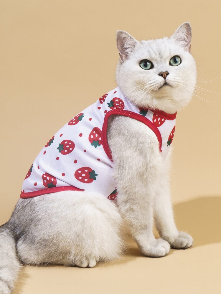 Strawberry Print Pet Tank Top – Cute Sleeveless Summer Shirt for Small Dogs and Cats, Lightweight and Breathable