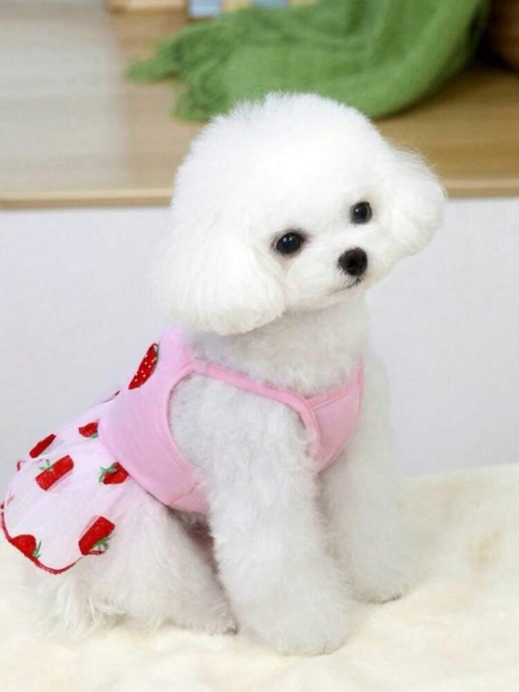 Happy Dog Print Pet T-Shirt Dress – Lightweight White or Light Pink Outfit for Small Dogs like Poodle, Bichon, Pomeranian, Yorkie