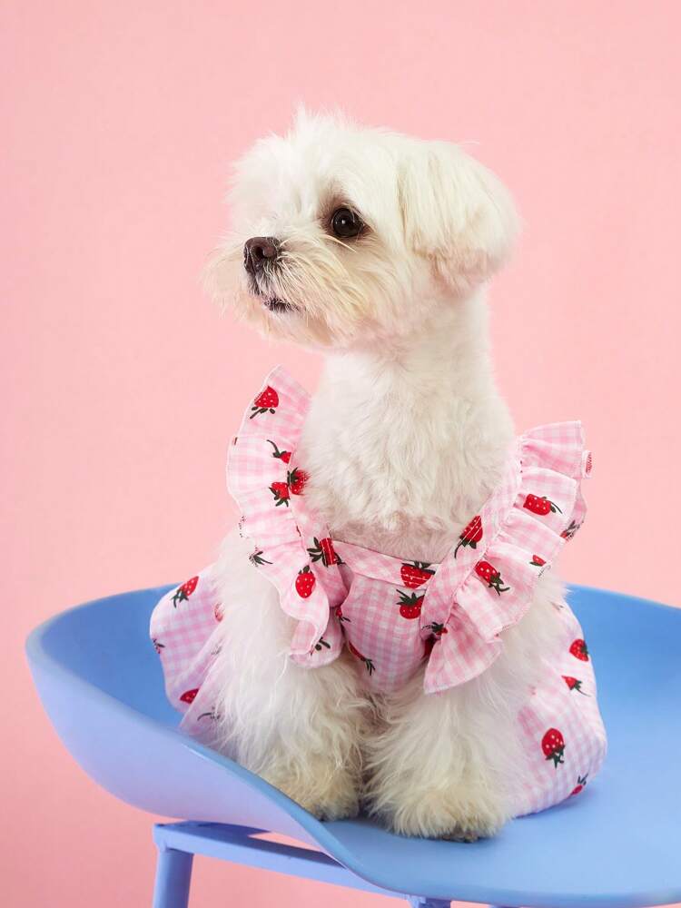 Sweet Country Style Pet Dress for Small Dogs and Cats – Floral Plaid Strawberry Print with Cap Sleeves