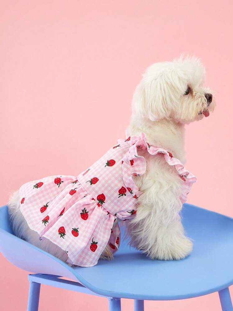 Sweet Country Style Pet Dress for Small Dogs and Cats – Floral Plaid Strawberry Print with Cap Sleeves