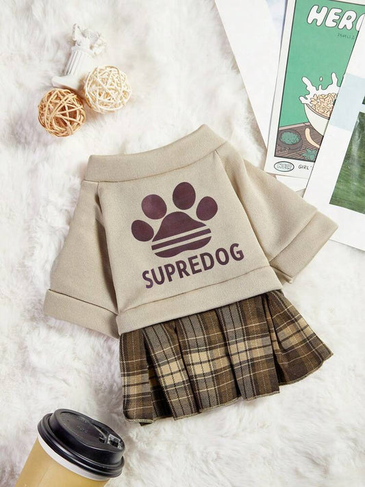 Navy Blue Knit Plaid Dog Dress – 2-in-1 Casual Academy Style Outfit with Letter and Paw Print for Small Dogs and Cats