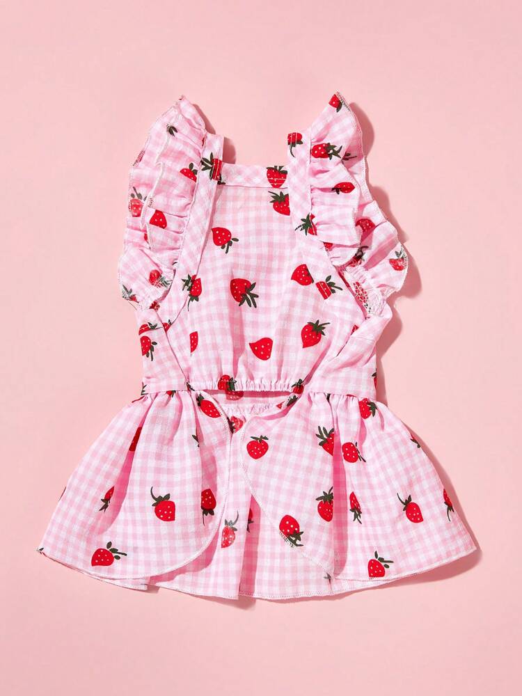 Sweet Country Style Pet Dress for Small Dogs and Cats – Floral Plaid Strawberry Print with Cap Sleeves