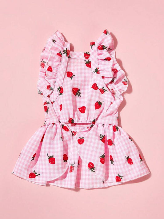 Sweet Country Style Pet Dress for Small Dogs and Cats – Floral Plaid Strawberry Print with Cap Sleeves