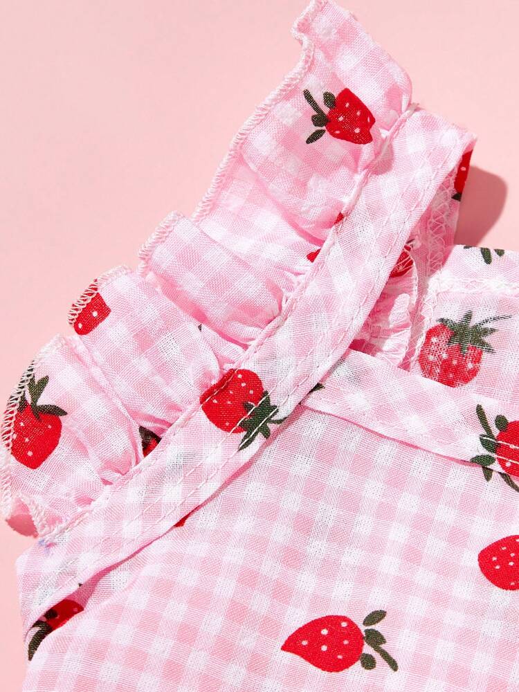 Sweet Country Style Pet Dress for Small Dogs and Cats – Floral Plaid Strawberry Print with Cap Sleeves