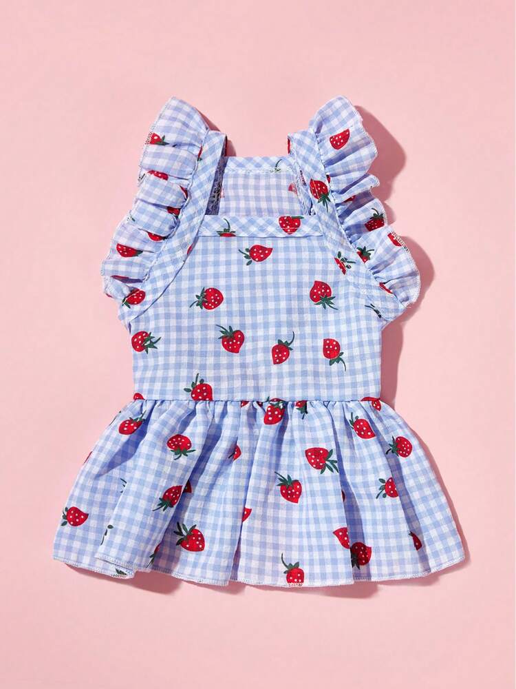 Sweet Country Style Pet Dress for Small Dogs and Cats – Floral Plaid Strawberry Print with Cap Sleeves