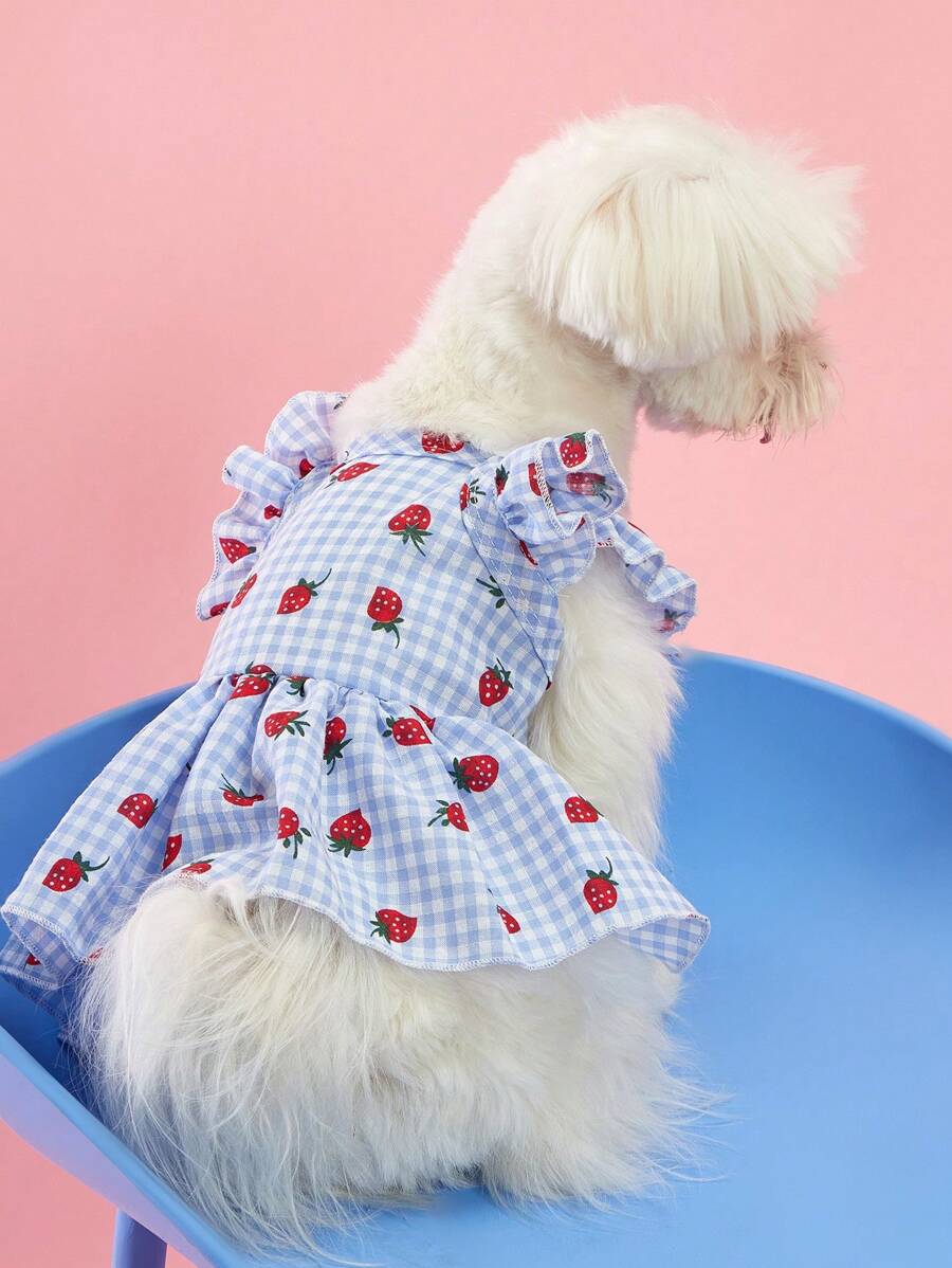 Sweet Country Style Pet Dress for Small Dogs and Cats – Floral Plaid Strawberry Print with Cap Sleeves
